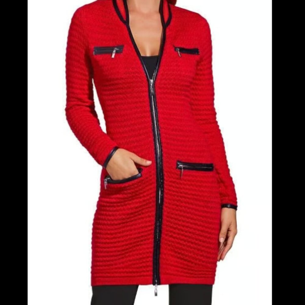 Boston Proper Red Sweater Cardigan with Faux Leather Black Trim